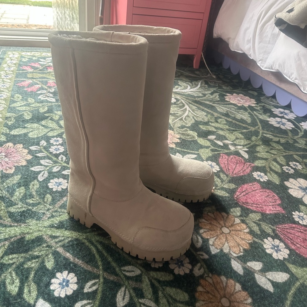 Neutral Cream Platform Knee-High Boots with Lug Sole